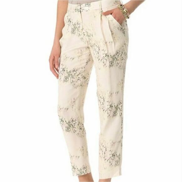 THEORY 100% Silk Ivory Floral Relaxed Chino Tapered Pleat Pants Spring Size 6 - Picture 1 of 13